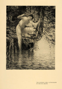 1920 Print Bathing Girl Nude Tree Wood Water Lithograph ORIGINAL HISTORIC INS2