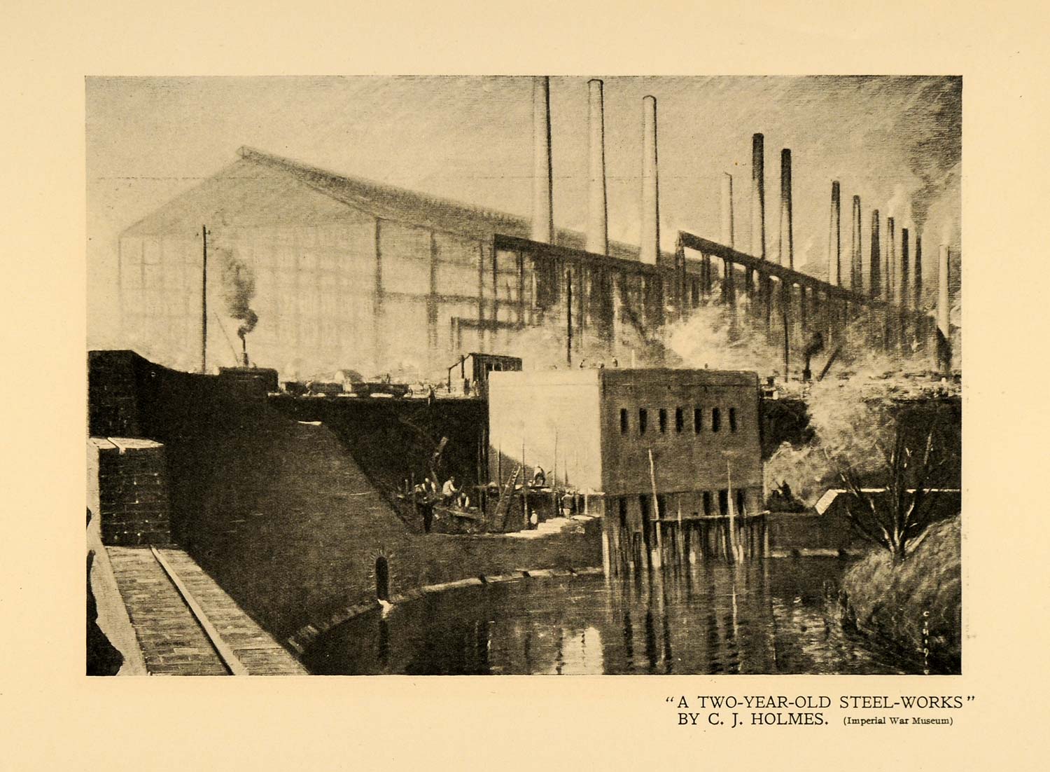 1920 Print Steel Work Factory Building Worker Water Art ORIGINAL HISTORIC INS2
