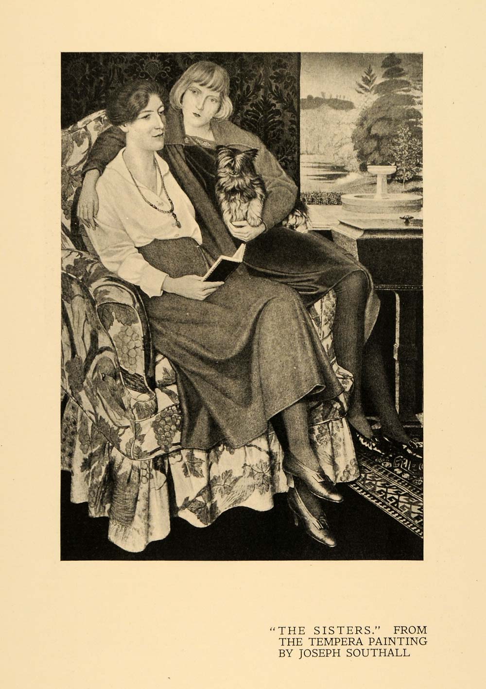 1920 Print Sisters Chair Dog Love Tempera Painting Art ORIGINAL HISTORIC INS2