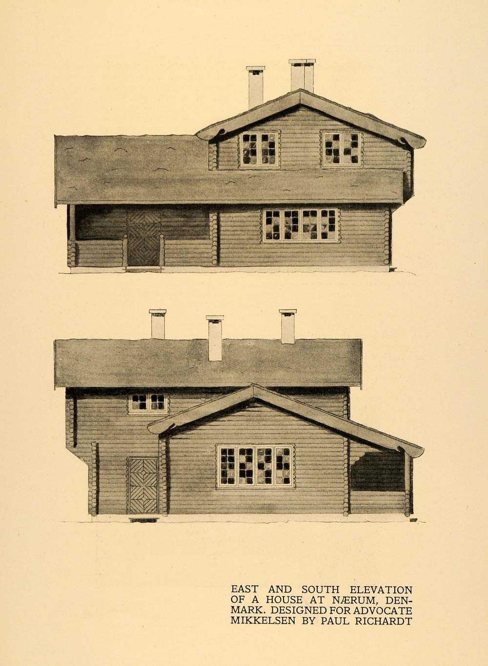 1920 Print House Elevation Drawing Naerum Denmark Art ORIGINAL HISTORIC INS2