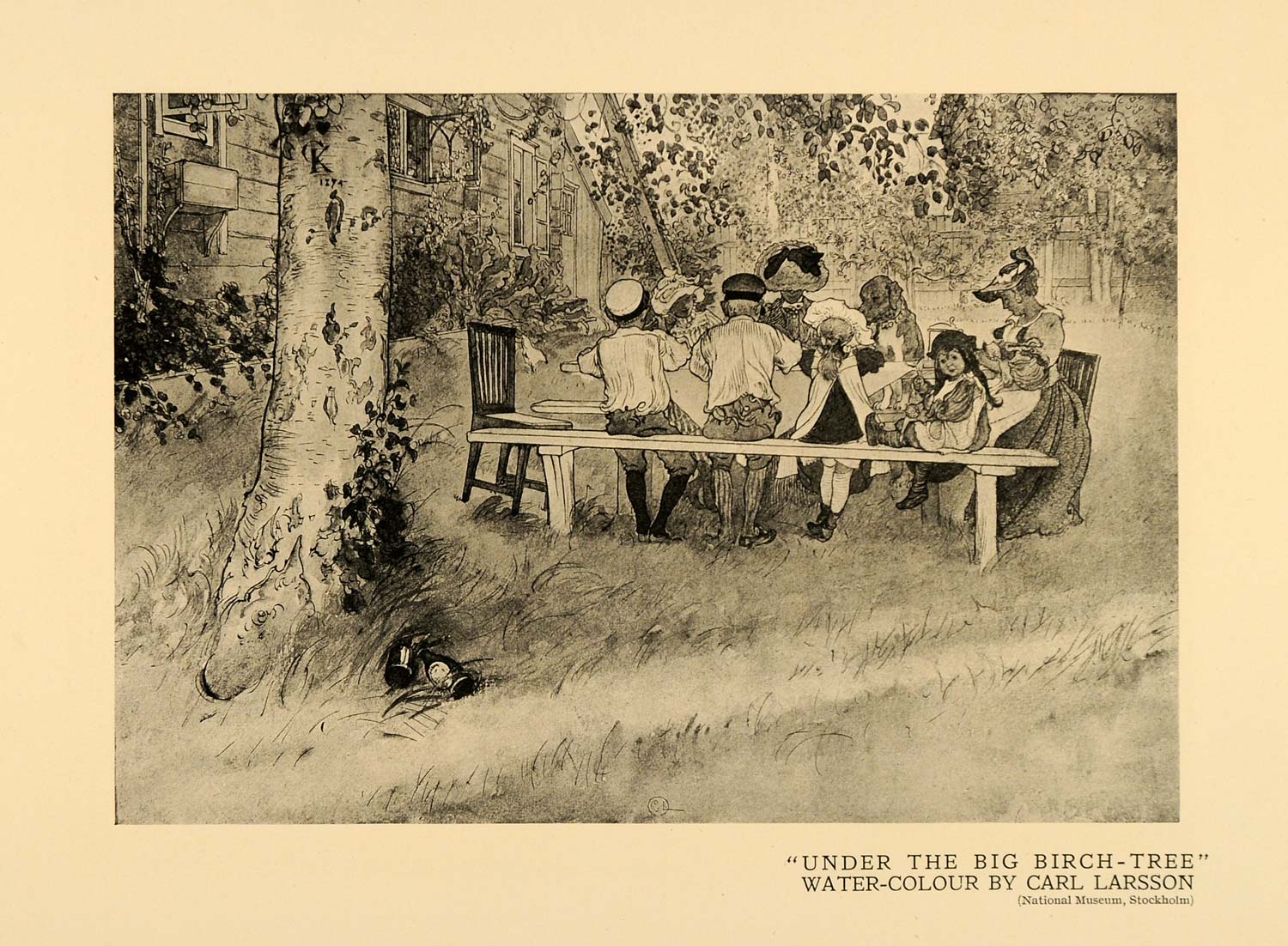 1920 Print Big Birch Tree Family Picnic Table Lunch Art ORIGINAL HISTORIC INS2