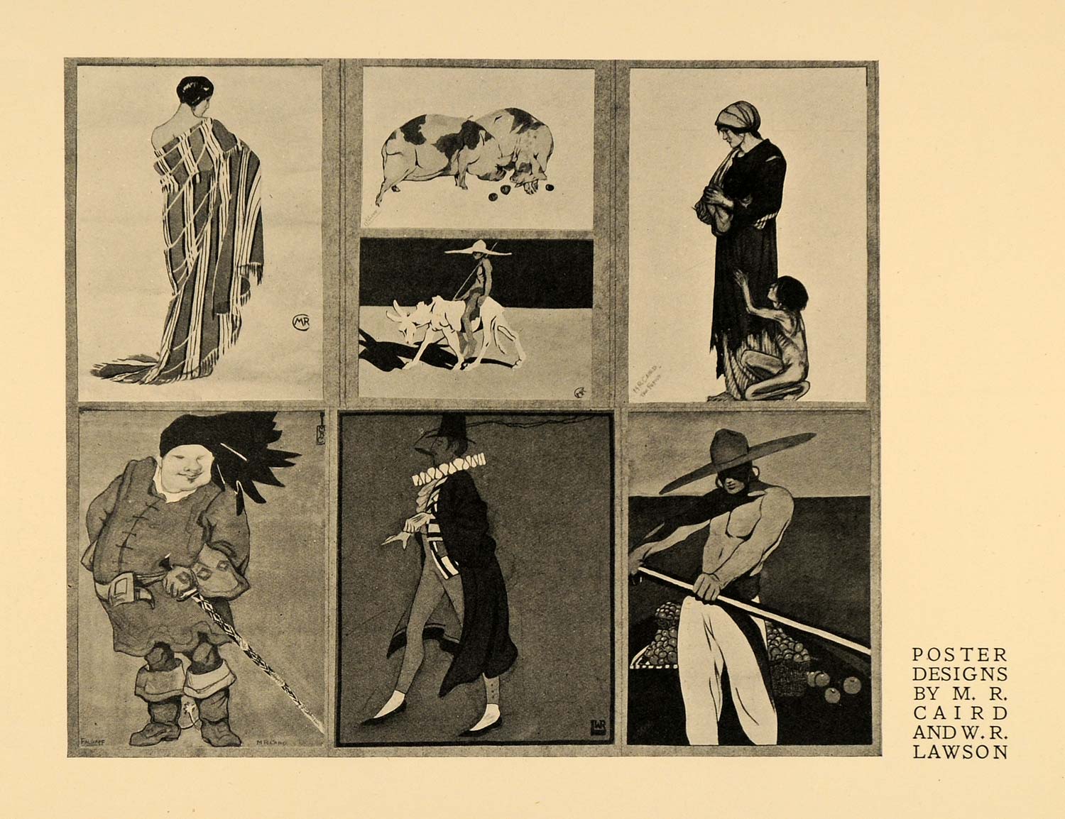 1921 Print Poster Design Pig Women Children Man Animal ORIGINAL HISTORIC INS2