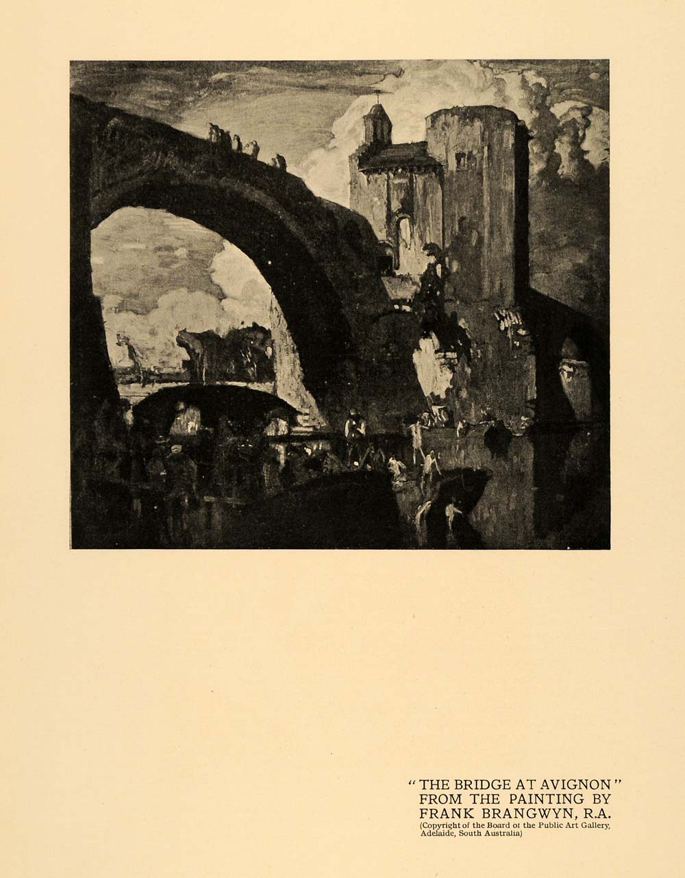 1920 Print Bridge Avignon Frank Brangwyn Rhone River - ORIGINAL HISTORIC INS2
