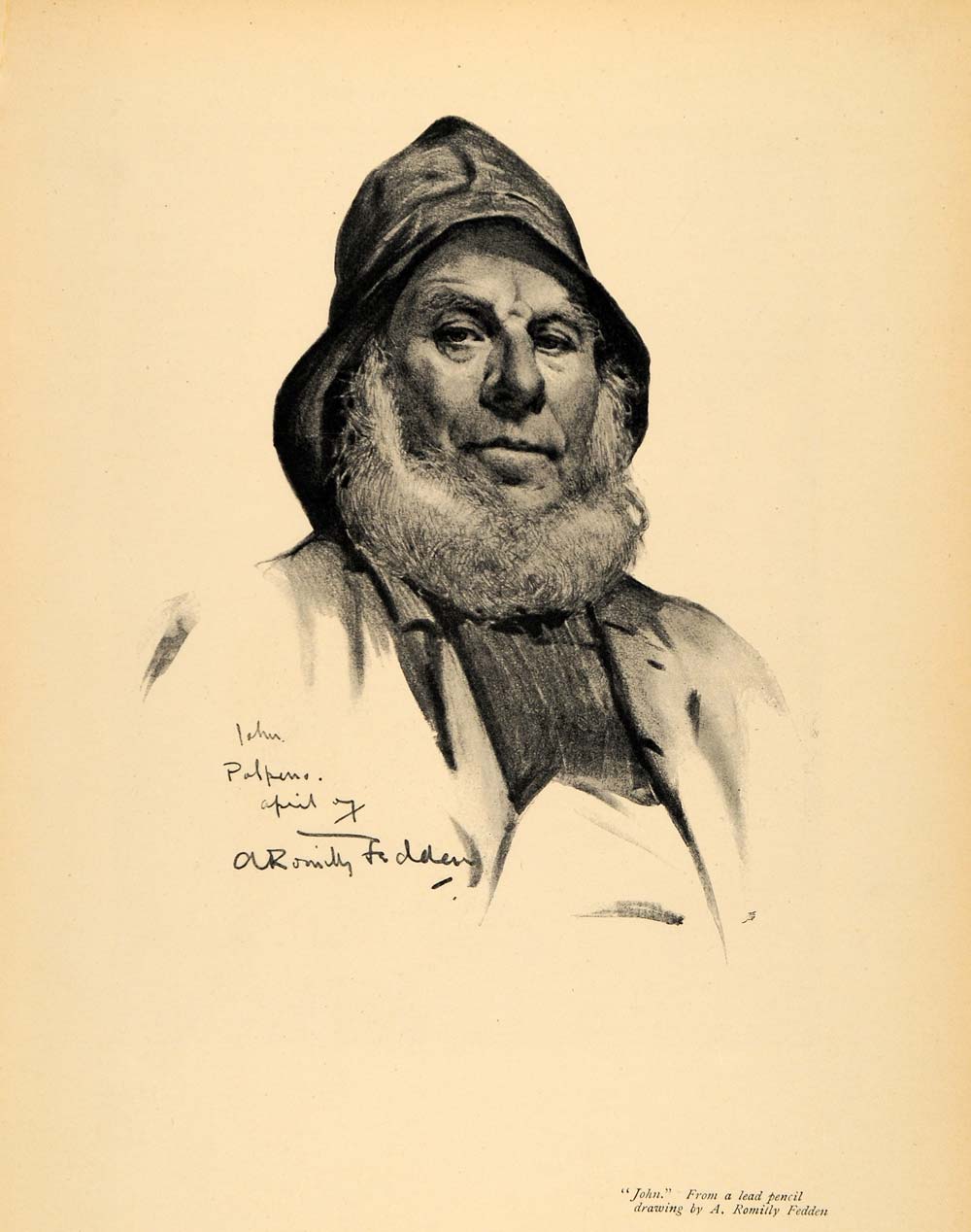 1908 Print John Lead Pencil Drawing Fisherman Beard Art ORIGINAL