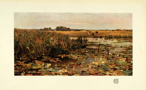 1910 Print Artist James Aumonier Water Lilies Cattails Pond Marsh Farming INS3