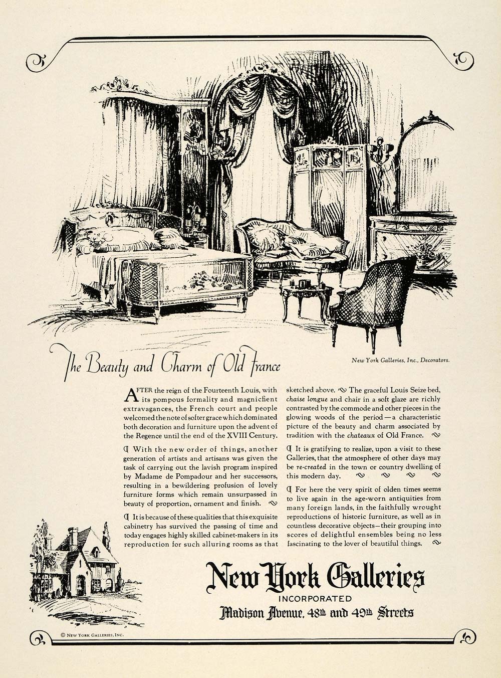 1925 Ad New York Galleries French XVIII Century Furniture Home Decor Bed INS3