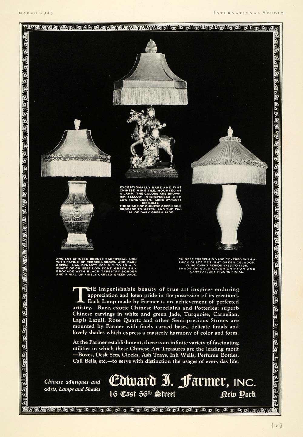 1925 Ad Edward J. Farmer Chinese Porcelain Lamps Shades Lighting Bronze INS3