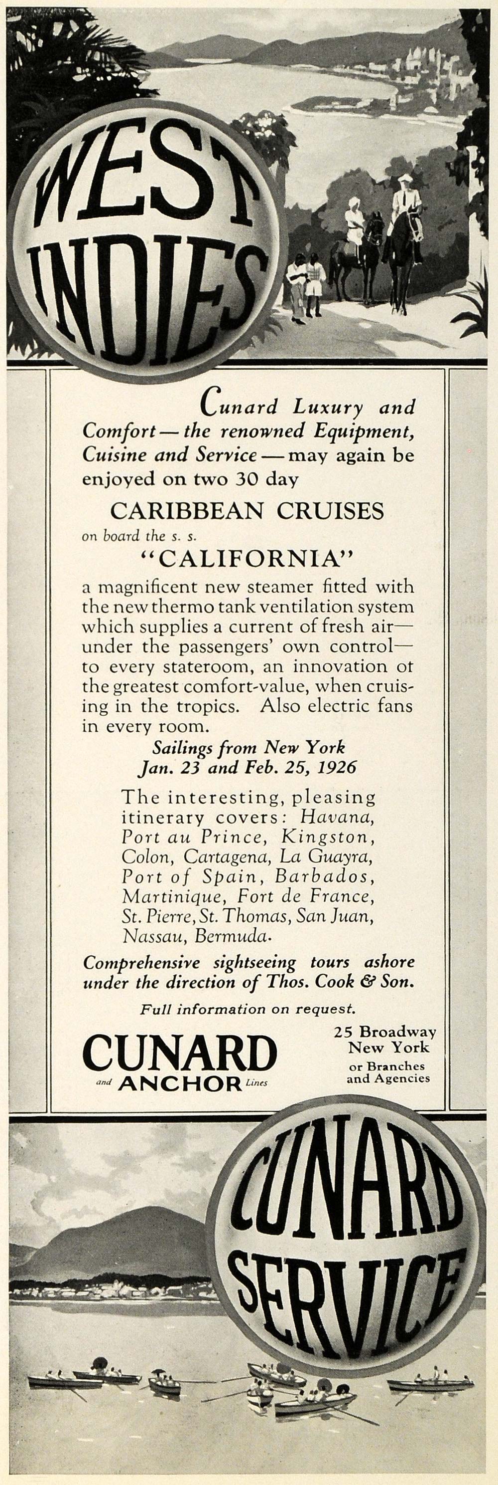 1925 Ad Cunard Anchor Cruise Lines West Indies Caribbean Tropic S. S INS3