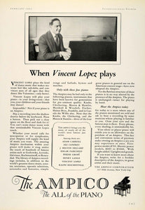 1925 Ad Ampico Piano Vincent Lopez Pianist Musical Instruments New York INS3