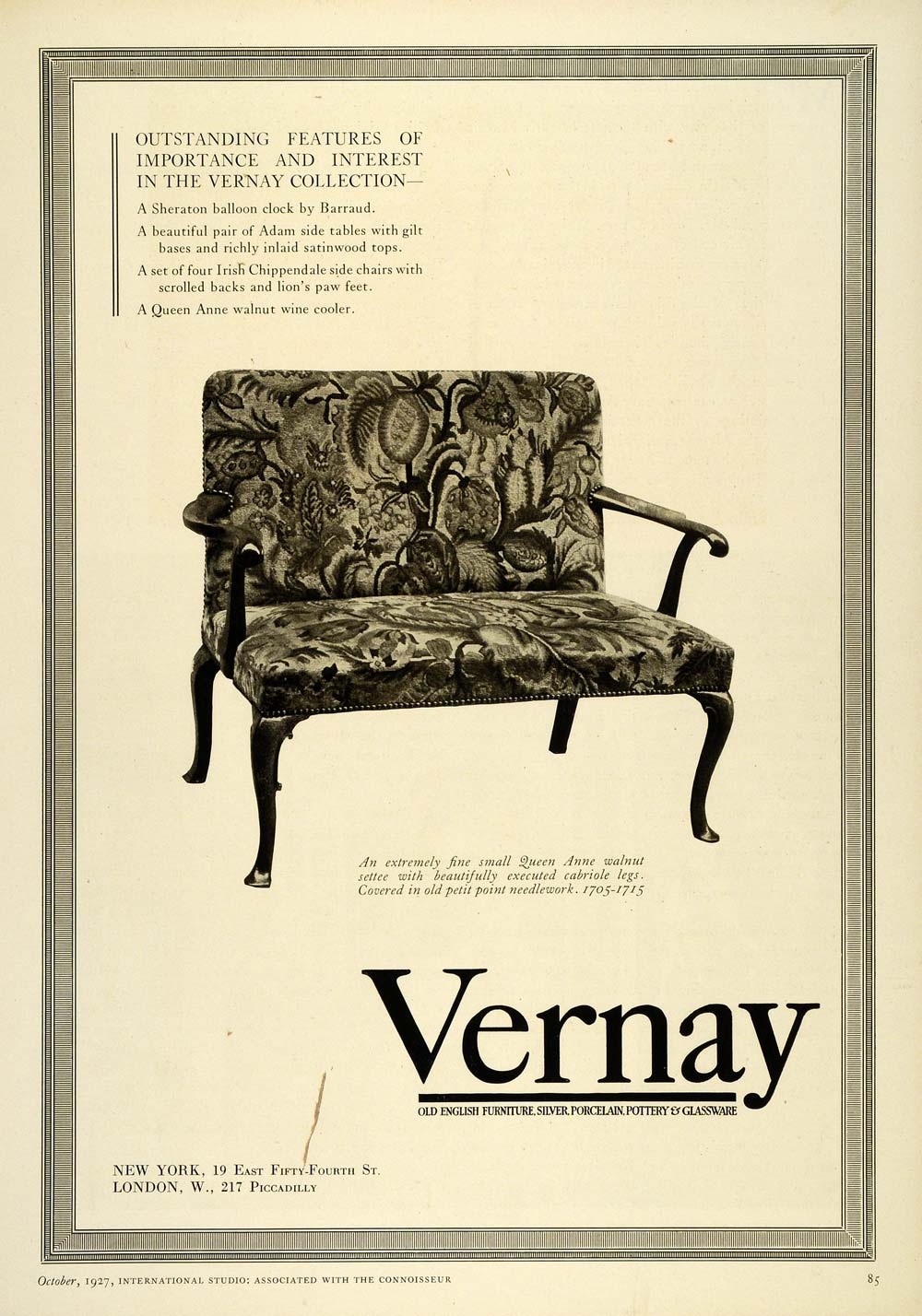 1927 Ad Vernay Furniture Queen Anne Setee Cabriole Legs Petit Point INS3
