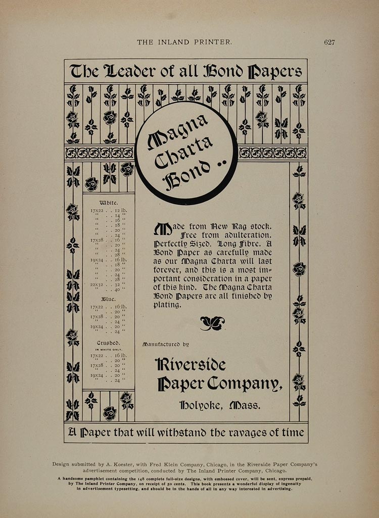 1897 Ad Riverside Paper Company Holyoke A. Koester - ORIGINAL ADVERTISING IP1
