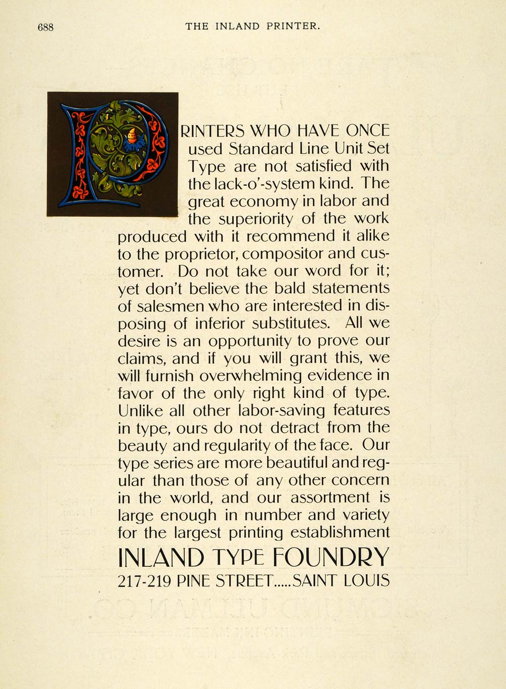 1899 Ad Inland Type Foundry Gold Ink Art Nouveau Initial Cap Design Saint IP1