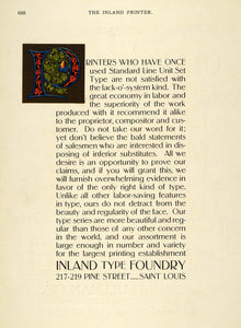 1899 Ad Inland Type Foundry Gold Ink Art Nouveau Initial Cap Design Saint IP1