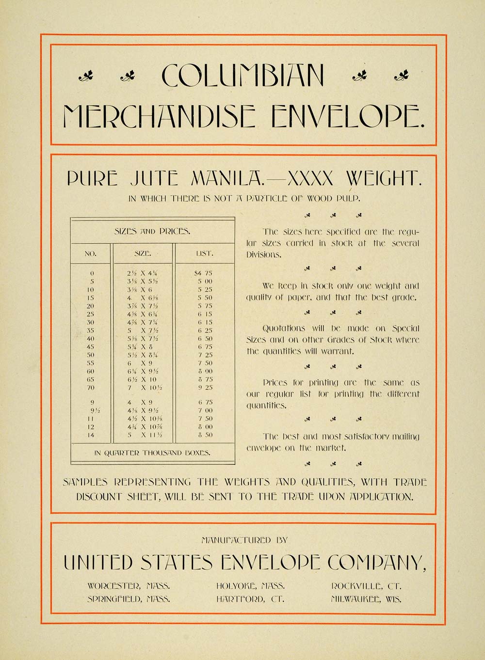 1899 Ad United States Envelope Co Columbian Merchandise Jute Envelope Sizes IP1