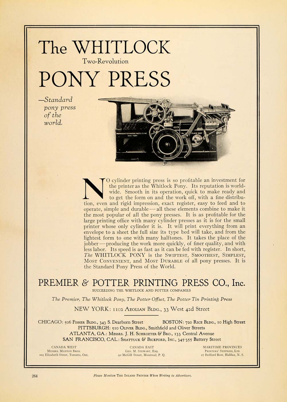 1921 Ad Premier & Potter Printing Press Whitlock Pony - ORIGINAL IPR1