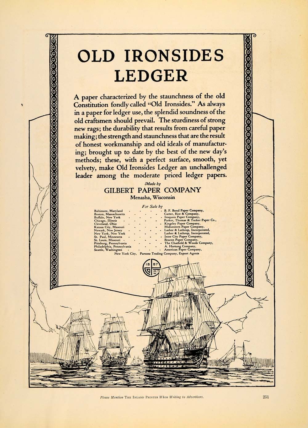 1921 Ad Gilbert Paper Co Old Ironsides Ledger WI Ships - ORIGINAL IPR1
