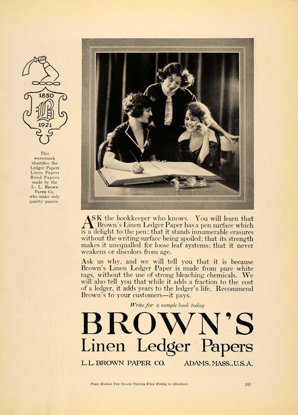 1921 Ad L L Brown Paper Co. Office Supplies Bookkeeper - ORIGINAL IPR1