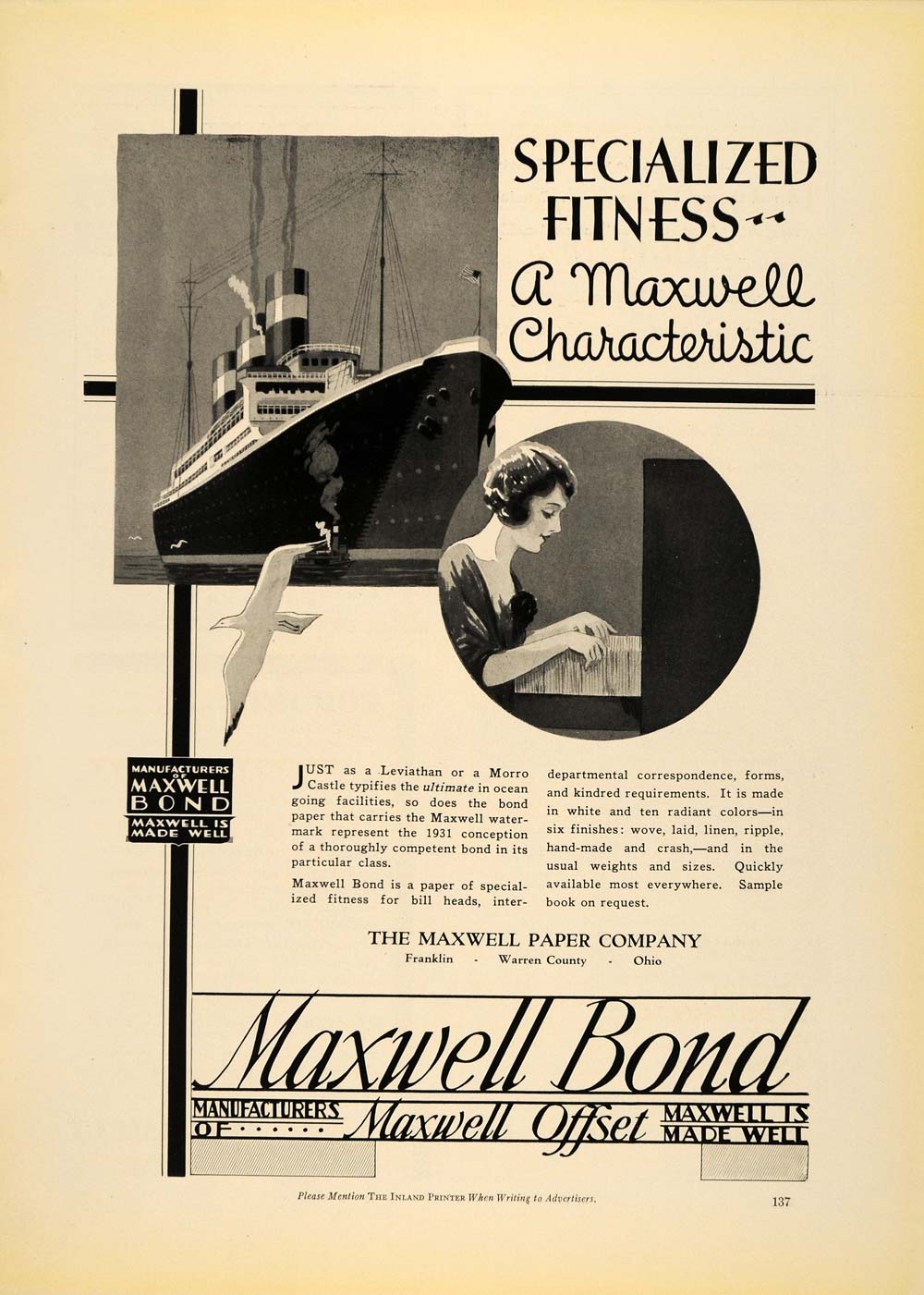1930 Ad Maxwell Paper Co. Bond Correspondence Ship - ORIGINAL ADVERTISING IPR1