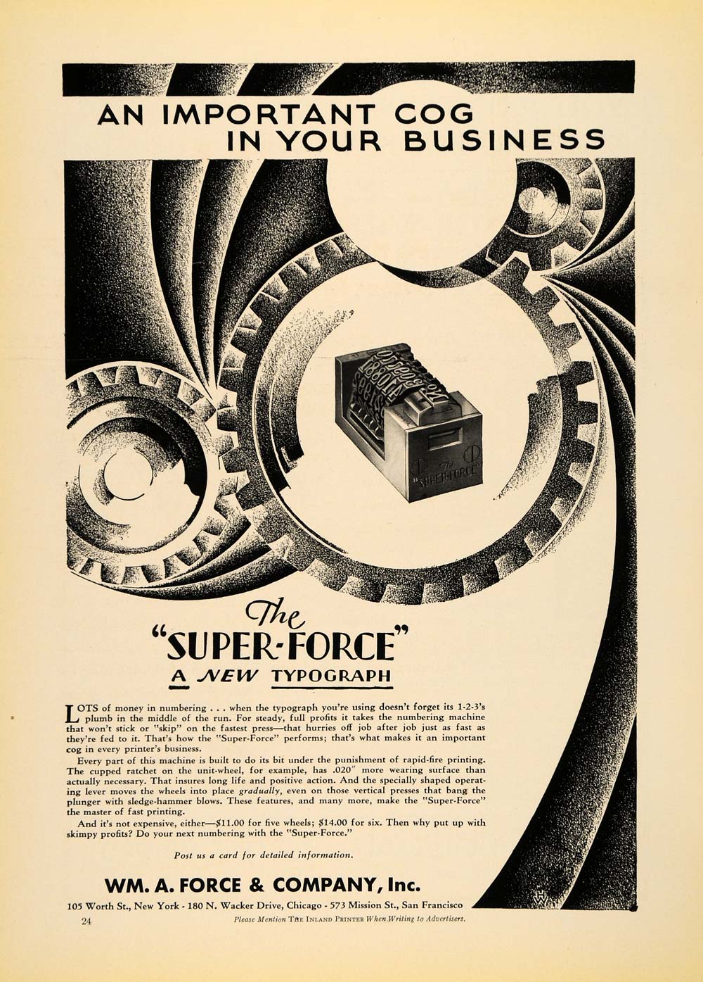 1930 Ad WM A Force & Co. Super-Force Typograph - ORIGINAL ADVERTISING IPR1