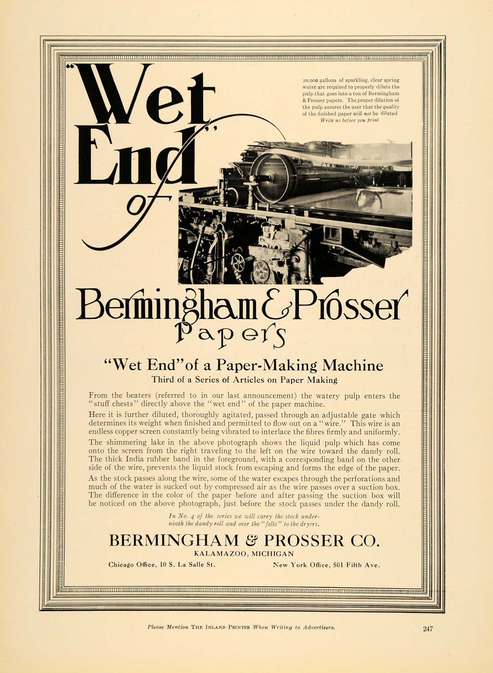 1920 Ad Bermingham & Prosser Co. Papers Machinery - ORIGINAL ADVERTISING IPR1