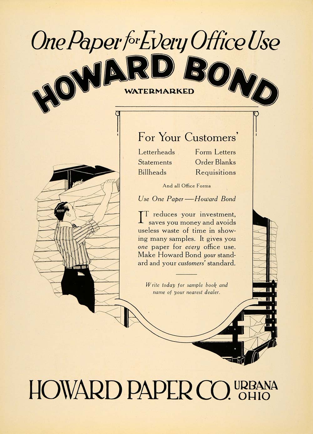 1920 Ad Howard Paper Co. Bond Writing Sheet Urbana OH - ORIGINAL IPR1