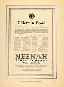 1922 Ad Neenah Paper Co. Logo Chieftain Bond Envelopes - ORIGINAL IPR1