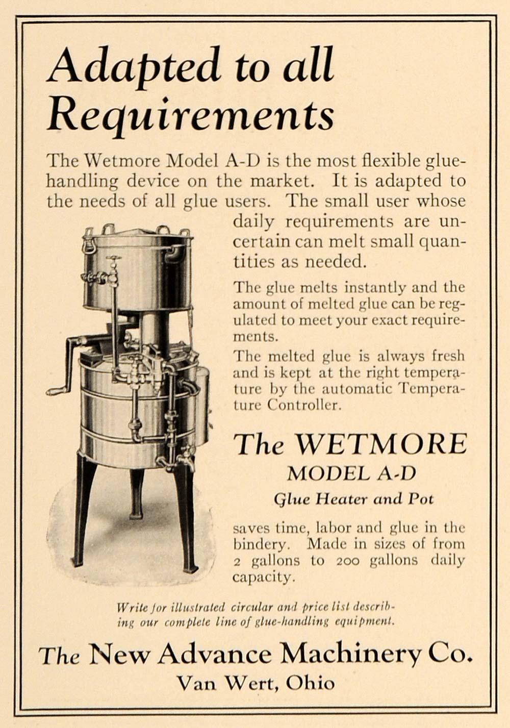 1922 Ad Wetmore Model A-D Glue Heater Pots Machine Ohio - ORIGINAL IPR1