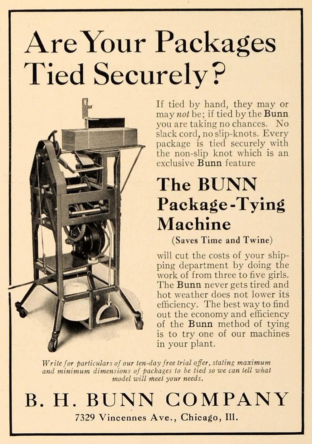 1922 Ad Bunn Package Tying Machine Twine Boxes Slack - ORIGINAL ADVERTISING IPR1