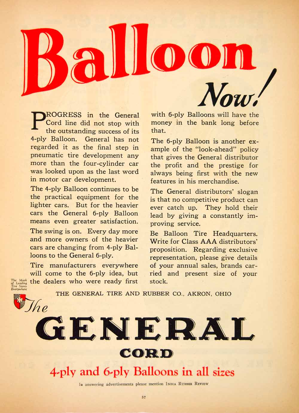 1925 Advertisement Balloon General Tire Rubber Akron Ohio 4-Ply 6-Ply Cord IRR1