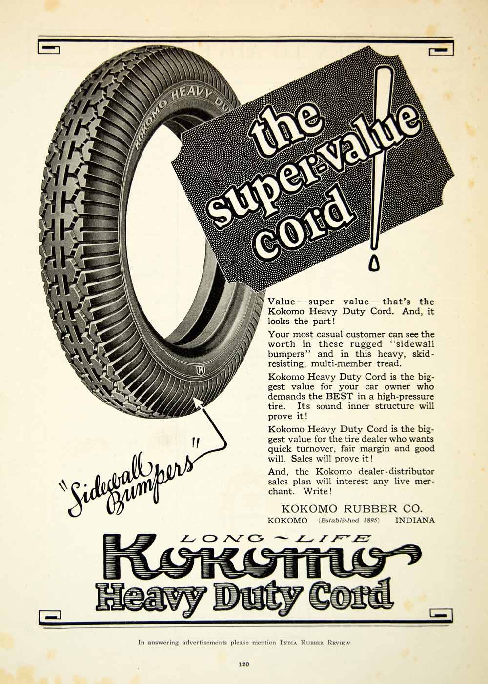 1925 Advertisement Kokomo Cord Tire Sideball Bumper Rubber Indiana Heavy IRR1