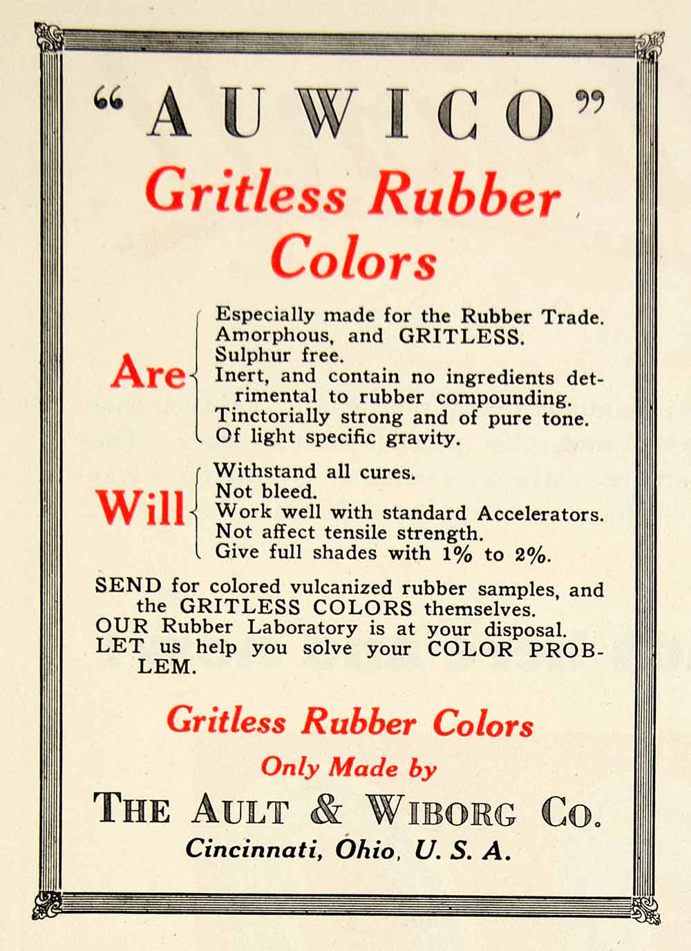 1925 Advert Auwico Gritless Rubber Colors Ault Wiborg Cincinnati Ohio IRR1