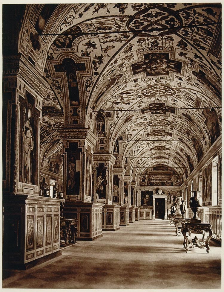 1925 Photogravure Great Library Hall Gran Sala della Biblioteca Vatican Rome