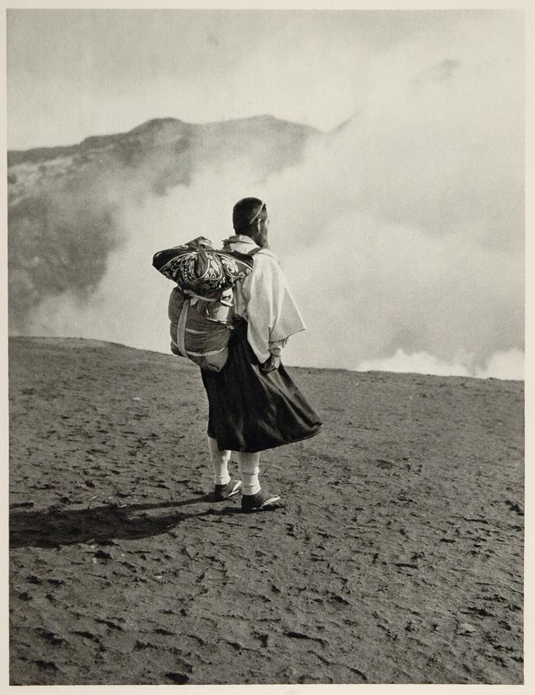 1930 Man Aso Volcano Crater Kyushu Japan Photogravure - ORIGINAL JAPAN2