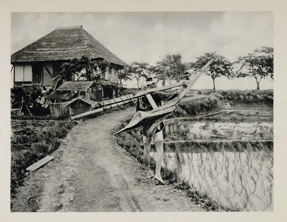 1930 Japan Wooden Plow Photogravure Rice Field Paddy Japanese Farmer House JK1