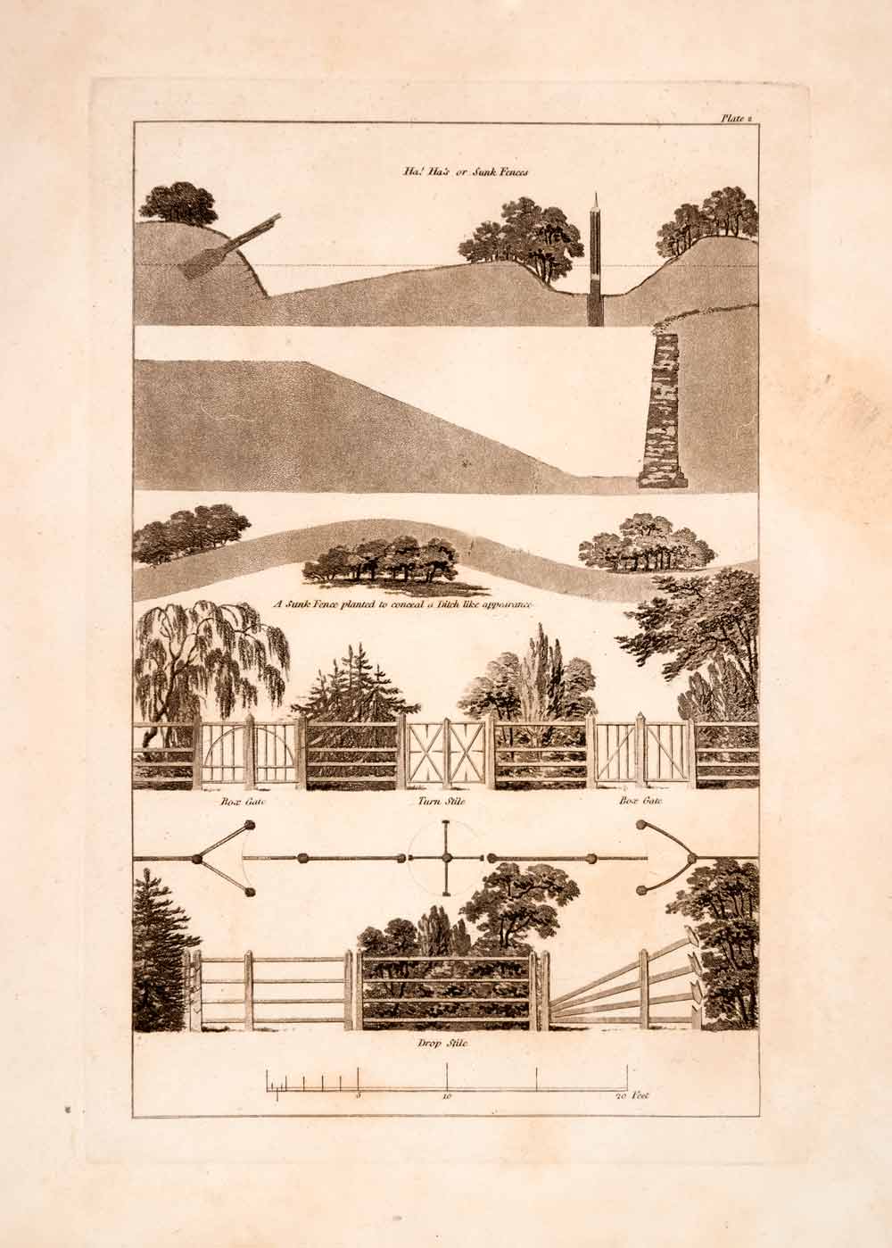 1823 Aquatint Engraving John Plaw Ferme Ornee Sunk Fences Box Gate Drop JPA1