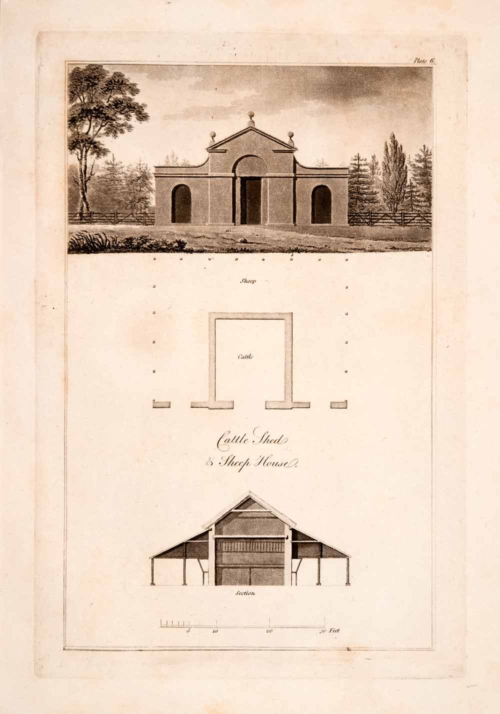 1823 Aquatint Engraving John Plaw Ferme Ornee Cattle Shed Fostering House JPA1