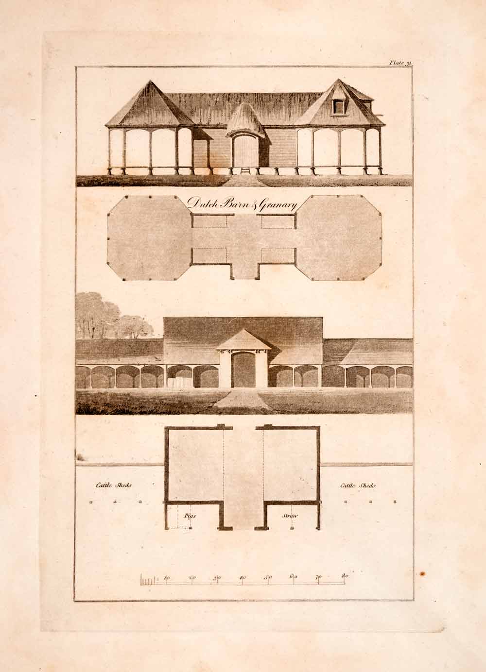 1823 Aquatint Engraving John Plaw Dutch Barn Granary Ferme Ornee Pastoral JPA1