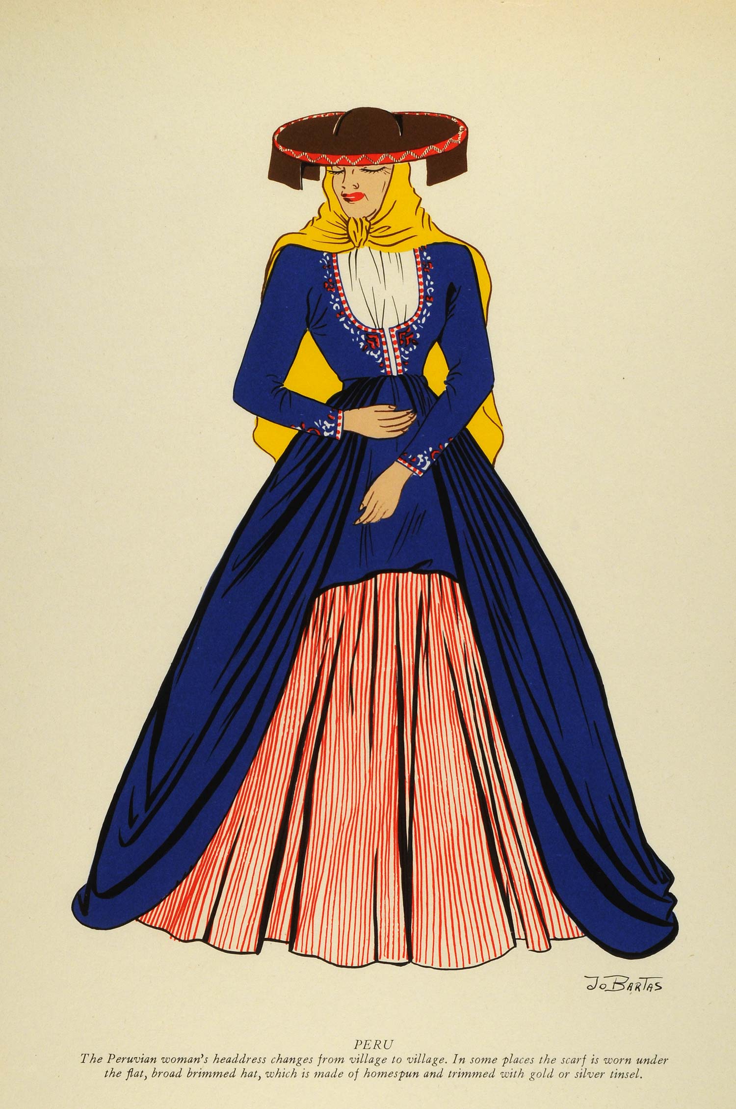 1941 Lithograph Peru Costume Layered Skirt Embroidery Tunics Brimmed H –  Period Paper Historic Art LLC