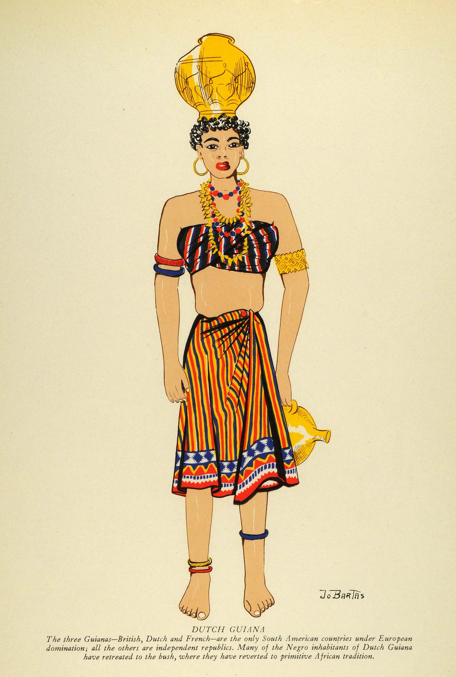 1941 Lithograph Dutch Guiana Guyana Traditional Costume Skirt Handmade LAC1