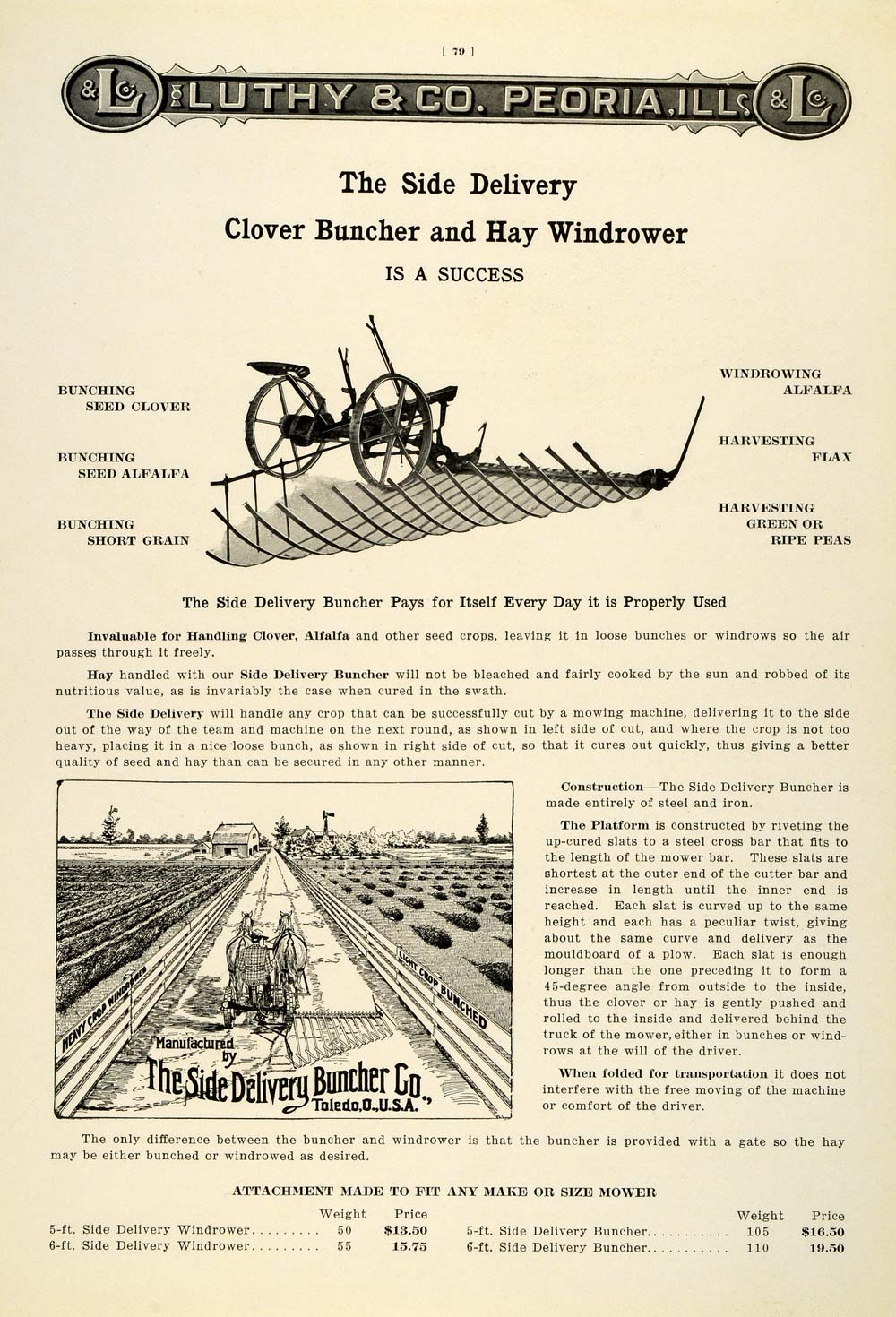1912 Ad Antique Side Delivery Clover Buncher Hay Windrower Farming Farm LAC2