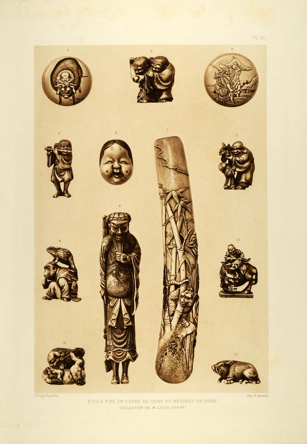 1883 Heliogravure Pipe Decoration Netsuke Japanese Stag horn Ivory Flute LAJ1