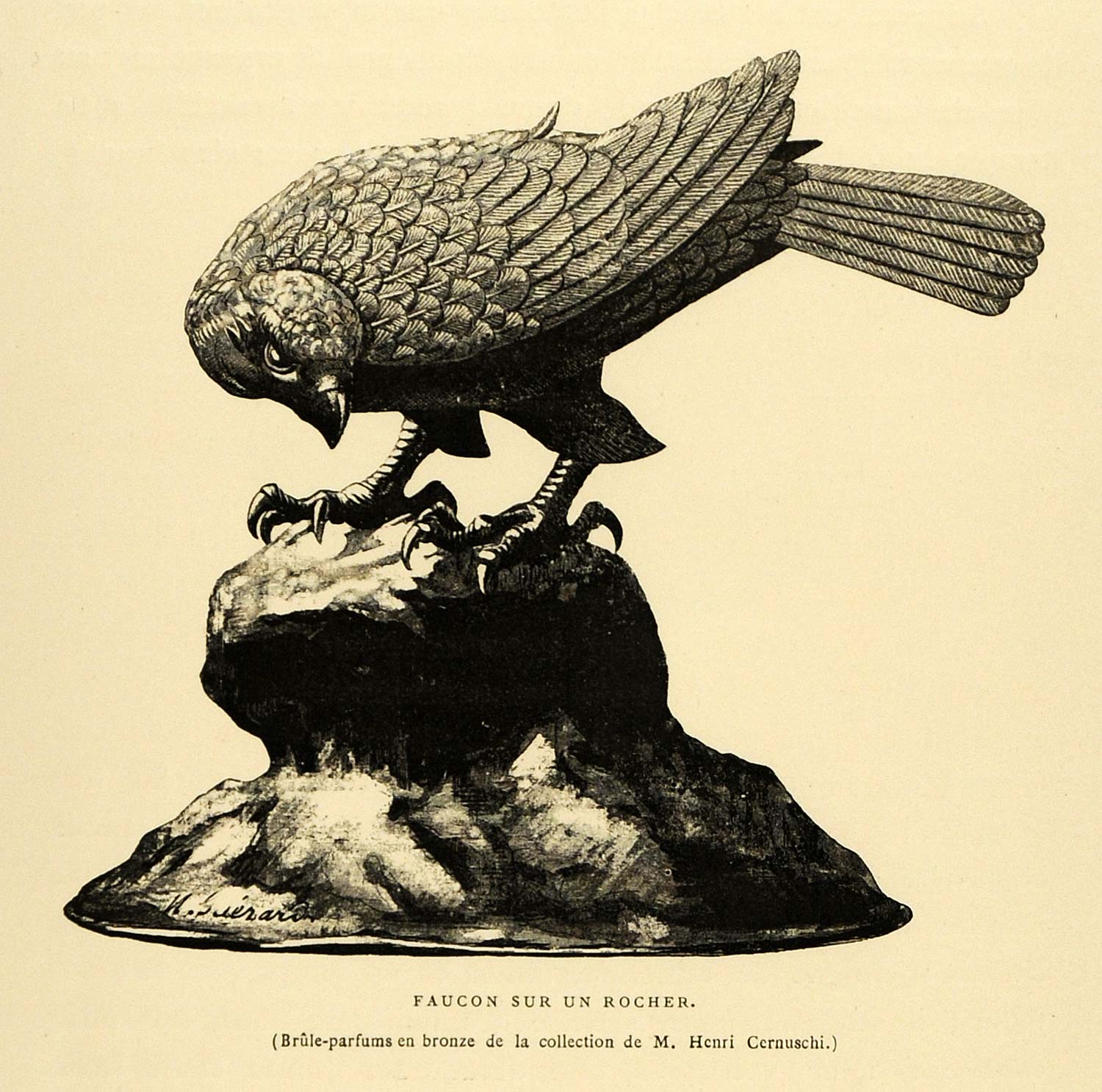 1883 Wood Engraving Bronze Incense Burner Falcon Rock Japanese Art Henri LAJ1