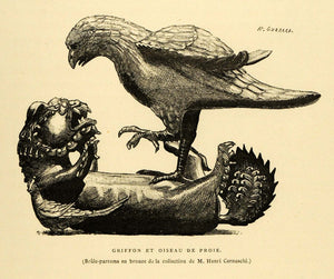 1883 Wood Engraving Bronze Incense Burner Falcon Dragon Japanese Henri LAJ1