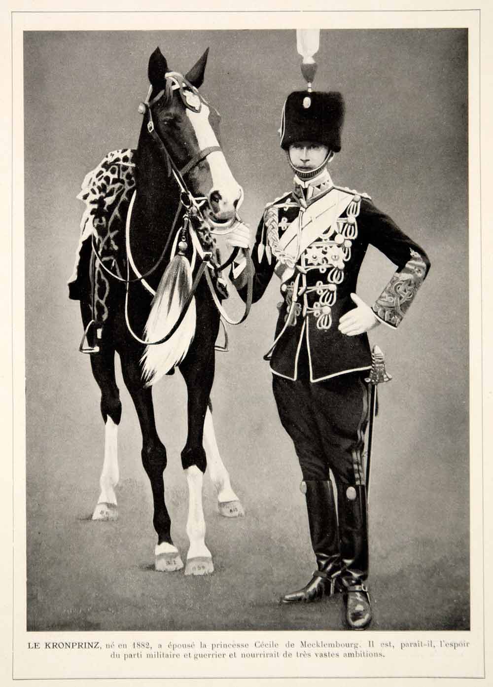 1913 Print German Crown Prince Wilhelm Kronprinz Germany Military Uniform Horse