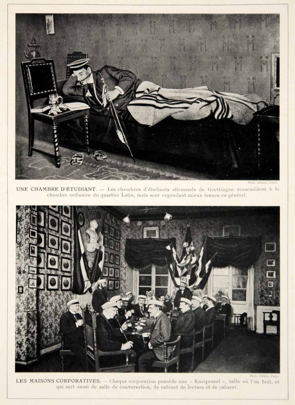 1913 Print German University Students Kneipesaal Room Bedroom Gottingen Germany