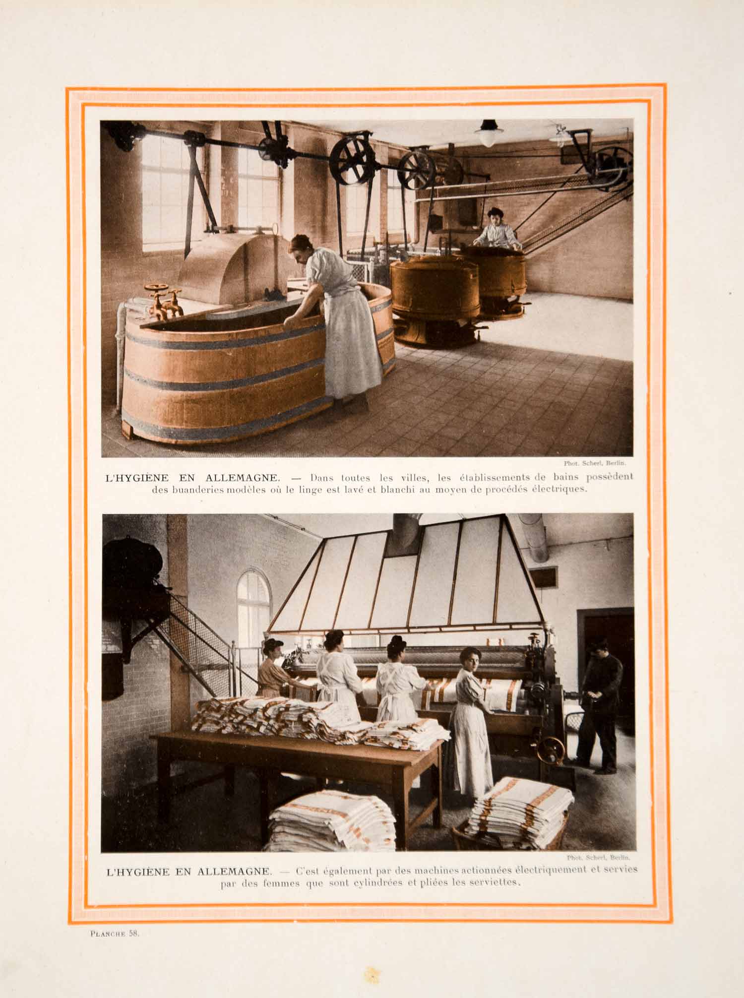 1913 Color Print Germany Laundry Washing Machine Clothes Mangle Ironing Historic