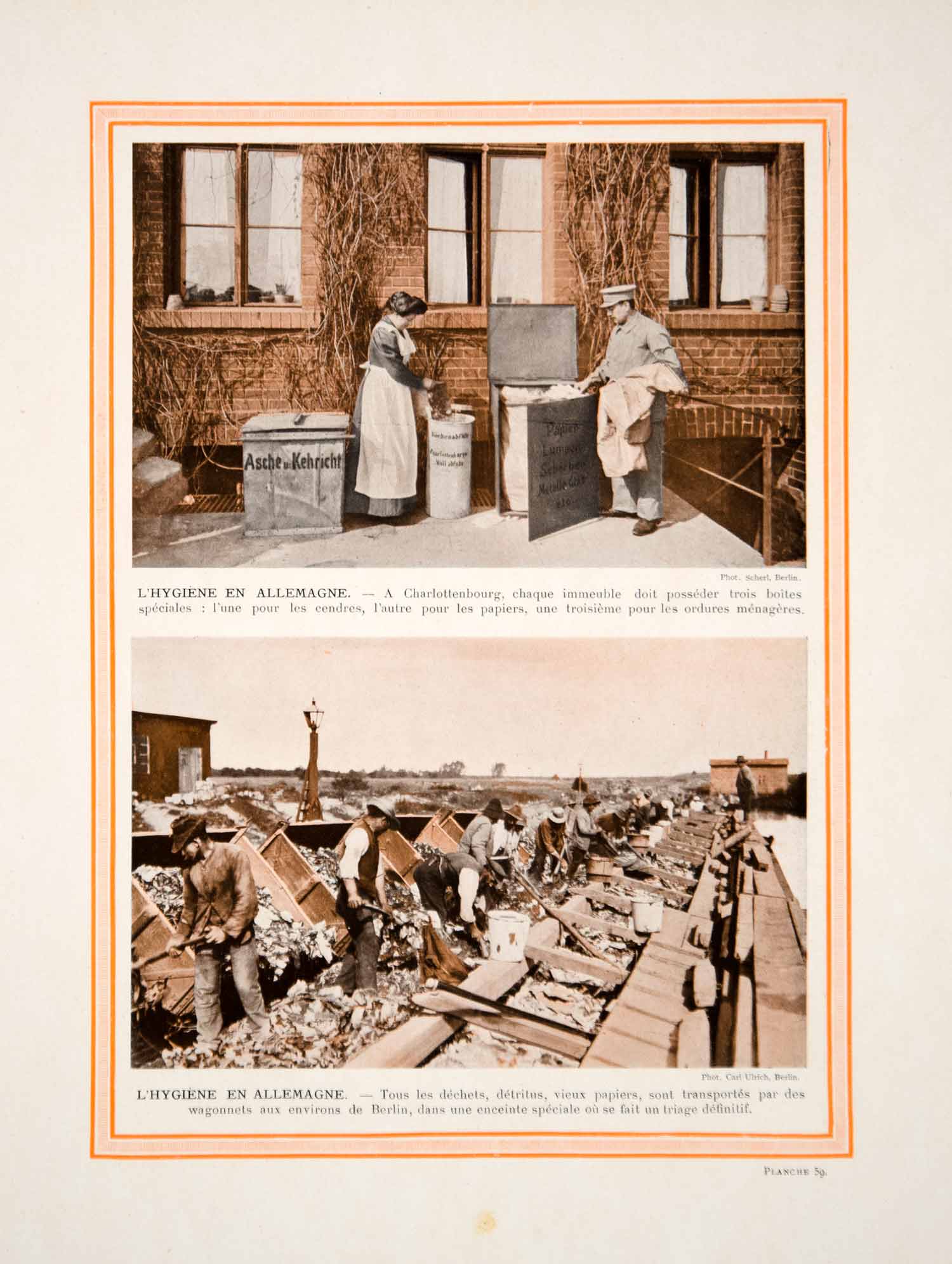 1913 Color Print Germany Sanitation Workers Trash Garbage Removal Dump Historic