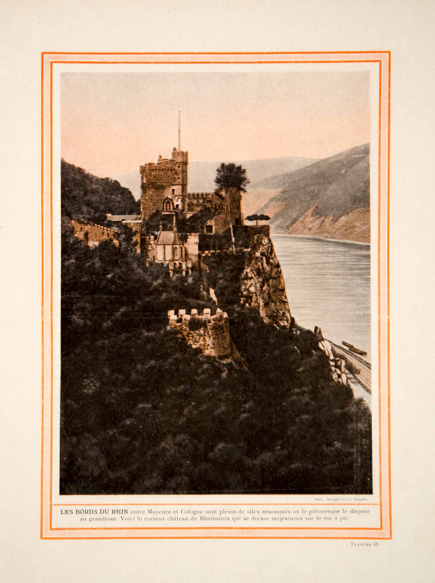 1913 Color Print Burg Rheinstein Castle Medieval Fort Rhine River Rhein Germany