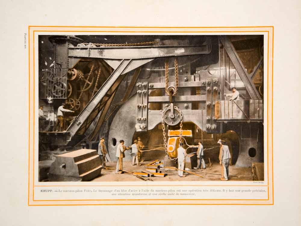 1913 Color Print Krupp AG German Steel Factory Mill Sledgehammer Workers Germany