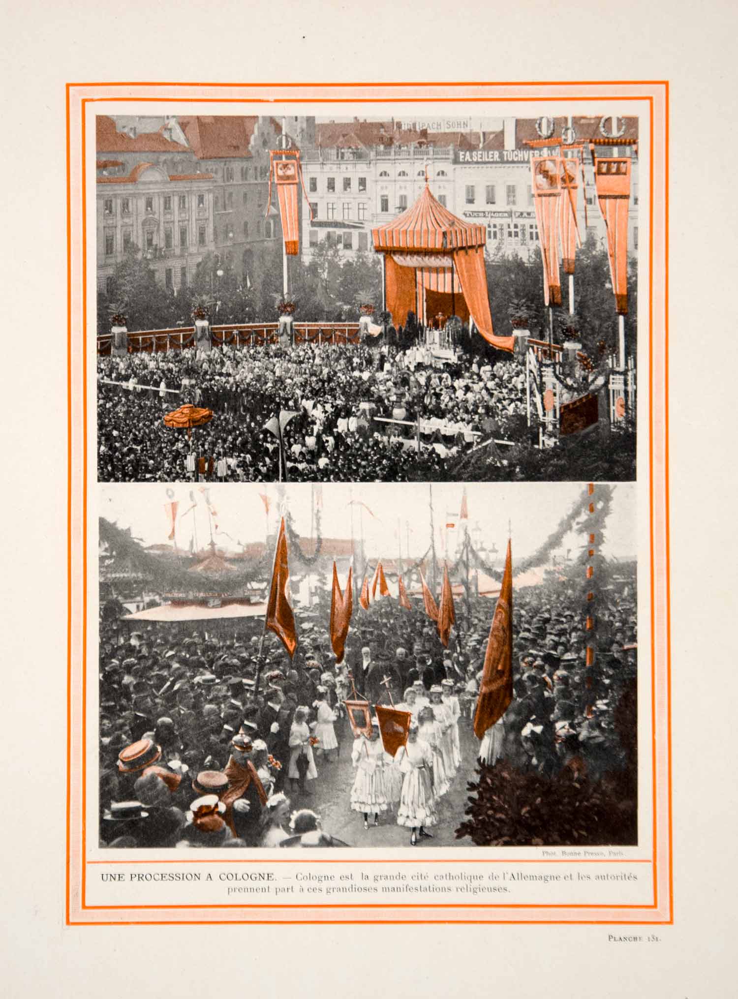 1913 Color Print Cologne Koln Catholic Religious Procession Catholicism Germany
